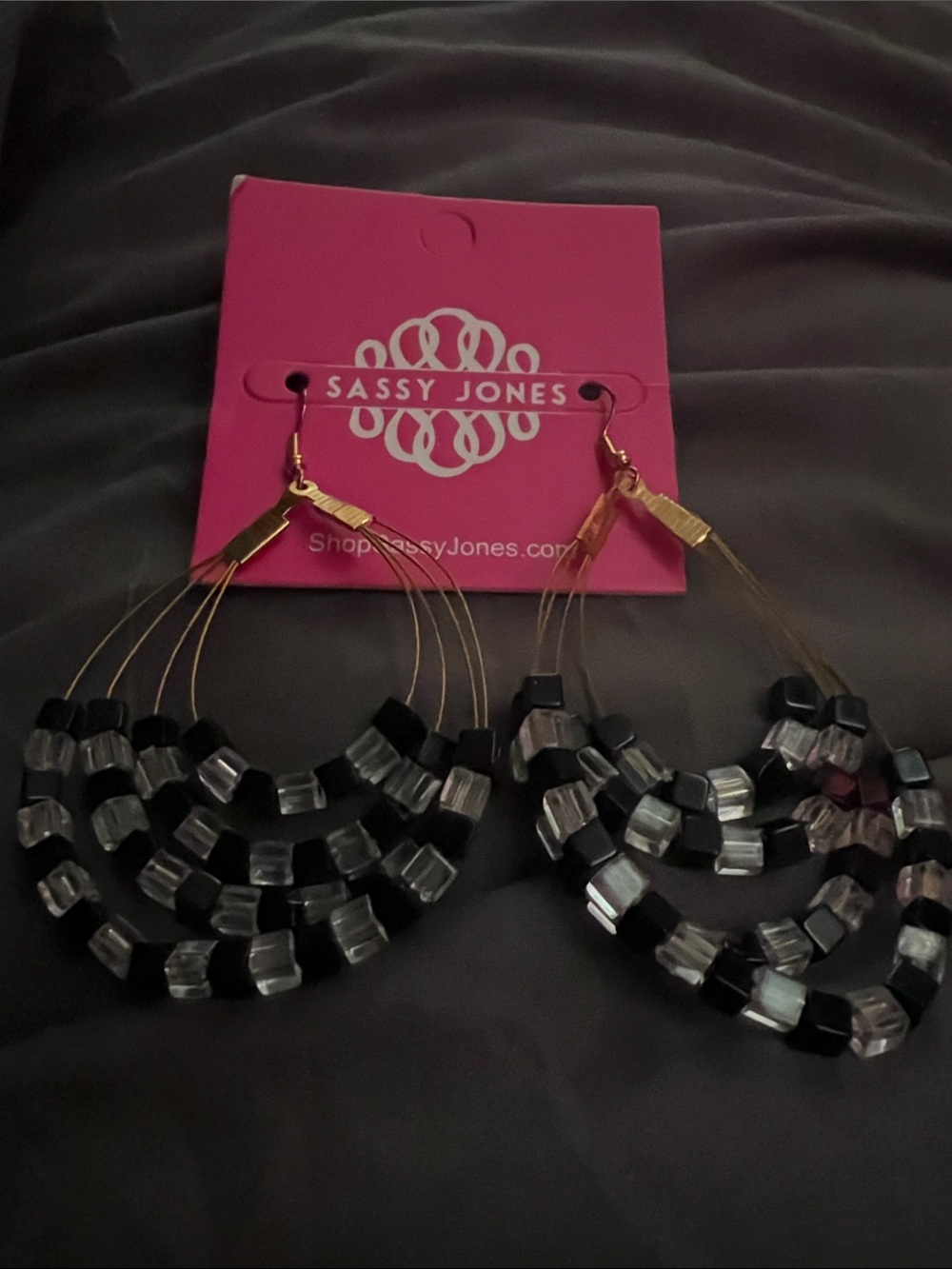 Sassy Jones Black and Clear Layered Beaded Hoop Earrings